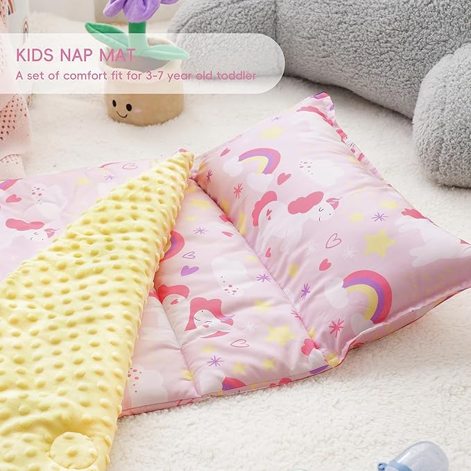 Bunnikins & Clover Toddler Nap Mat with Removable Pillow, Nap Mats for Preschool, Easy Clean Toddler Nap Pad for Kindergarten, Kids Sleeping Bag for Travel Camping