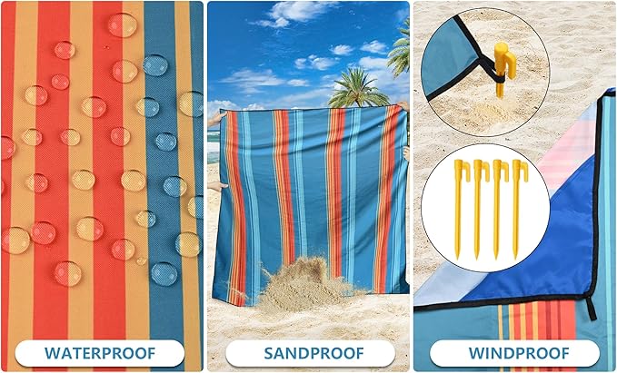 Beach Blanket Waterproof Sandproof Beach Mat 79" X 83"/10'x9'for 2-8 Adults Quick Drying Outdoor Picnic Mat Beach Accessories for Travel, Camping, Hiking