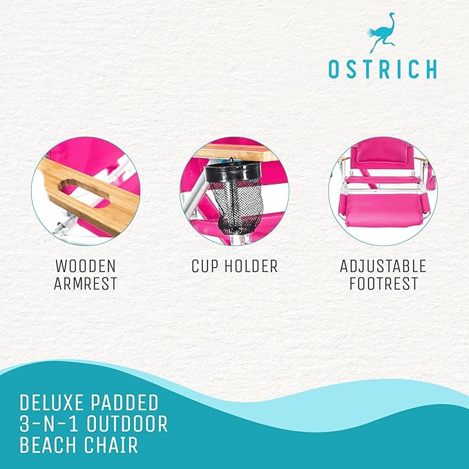 Ostrich Deluxe Padded 3-N-1 Outdoor Lounge Reclining Beach Lake Chair, Pink (4 Pack)