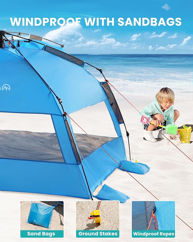OutdoorMaster Beach Tent Sun Shelter for 3-4 Person, Pop Up Beach Tent Easy Setup with Sandbags, Portable Sun Shade Canopy with Carrying Bag for Beach & Outdoor, UPF50+ UV Protection, Family Size