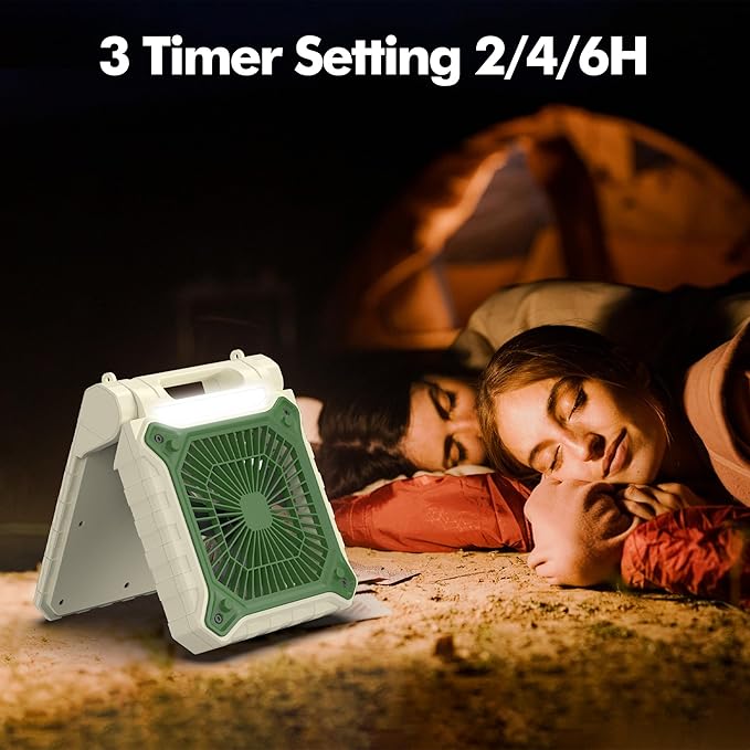 Solar Fan with LED Lantern - Battery Powered with Solar Panel, 90° Adjust, 3 Speed & Timer, 40Hrs Cooling, Rechargeable Battery Operated, Solar Powered for Camping Outdoor Fishing Travel RV Hurricane