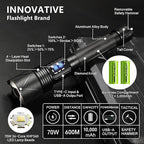 Rechargeable Flashlight 10,000 High Lumens, 70W XHP360 LED Super Bright Tactical Zoomable Flashlights with USB Output, Large Capacity Powered Waterproof Flash Light for Emergencies, Camping, Hunting