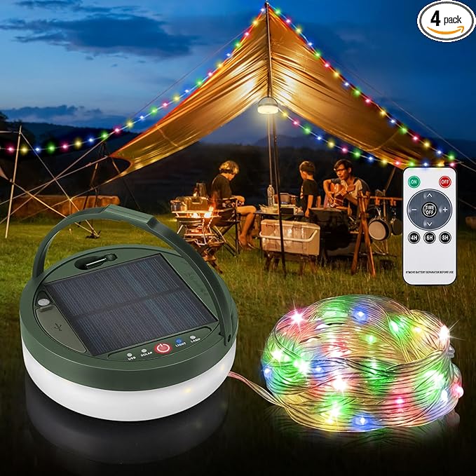 Anpro Solar Camping String Lights 4 in 1, 32.8Ft Ultra Long Multi-Color LED String, 3600mAh Solar Powered and USB Rechargeable Light with Remote Control, Portable Camping Light for Hiking, Decoration