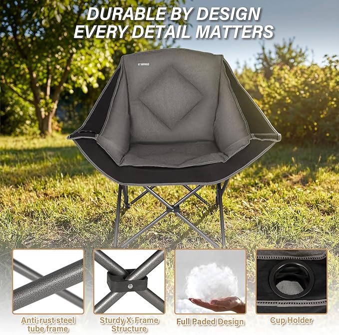 CAMPHILL Folding Camping Chair,Oversized Portable Camping Chair with Cup Holder,Heavy Duty Padded Lawn Chair for Camping, Tailgates, Beach, and Sports