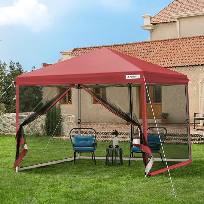 VIVOHOME 8x8ft Easy Pop-Up Canopy, Outdoor Screen Tent with Mosquito Netting, 2 Zipper Doors, and Roller Bag for Yard Camping Picnic Party Events, Red
