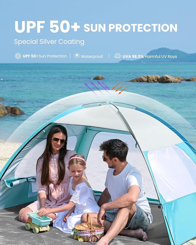 OutdoorMaster Beach Tent for 3/4/6/8 Person - Easy Setup Sun Shade Shelter, Portable Beach Shade Sun Canopy with UPF 50+ UV Protection, Removable Skylight Family Size