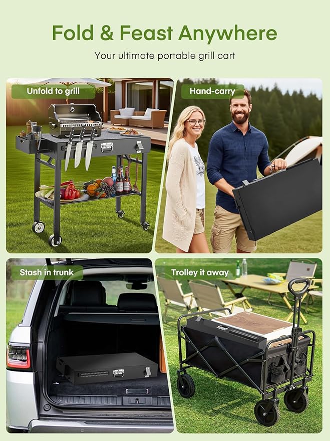 FOHERE Folding Grill Cart for Blackstone 16-28 Inch Griddle, Portable Outdoor BBQ Prep Table with Wheels & Paper Towel Holder, Stand for Camping, Patio, Tailgating