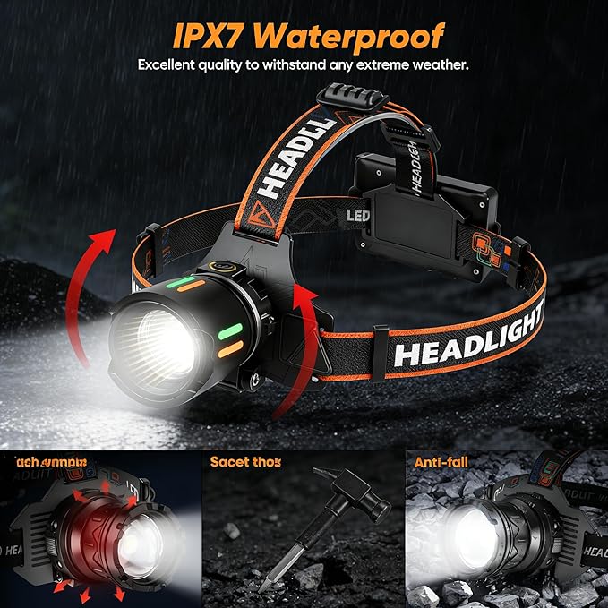 LED Rechargeable Headlamp, 90,000 Lumens Super Bright with 4 Modes & IPX6 Level Waterproof USB Rechargeable Zoom Headlamp, 90° Adjustable Outdoor Camping, Cycling, Climbing, Home