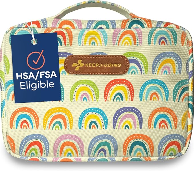 KeepGoing Large Home First Aid Kit for Kids – 270 Pc. for Car, Home, Dorm, & Boat with Latex-Free Bandages – 10 x 7 x 3.5 in. Travel First Aid Kit (Sunny Rainbow)