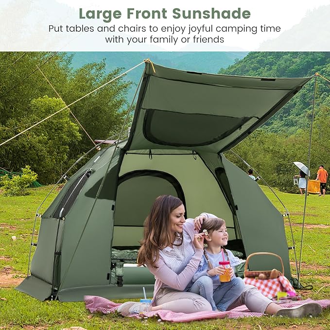 Goplus Camping Tent Cot, 5-in-1 Folding Camping Bed with Air Mattress, Pillow, Sleeping Bag, Waterproof Elevated Tent Shelter, Portable Outdoor Sleeping Cot with Carry Bag for Picnic, Trip