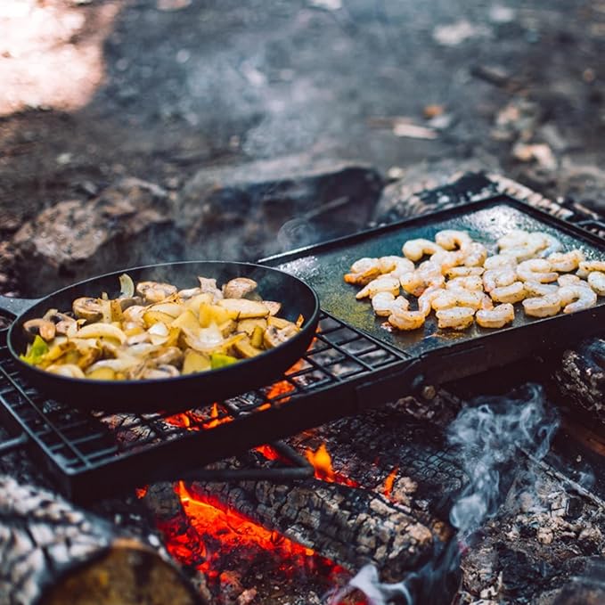 24" Heavy Duty Folding Campfire Grill, Compact Swivel Grill Design, Food-Safe Cooking Surface, Grate & Griddle for Campfire Cooking, Australian Owned