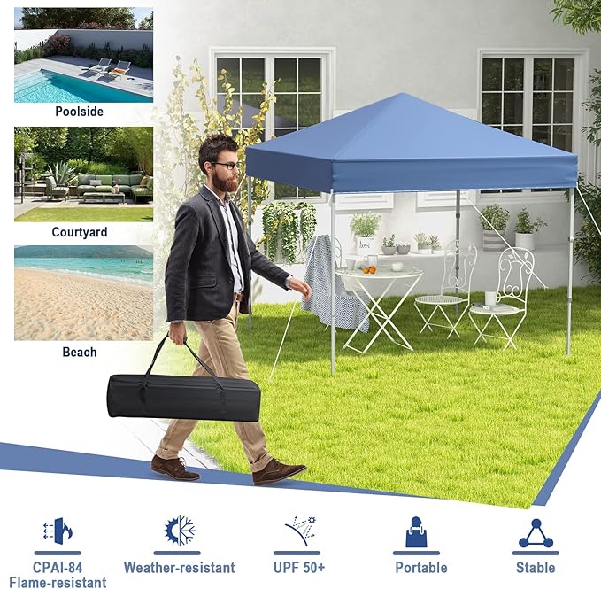 Tangkula 6.6x6.6 Ft Pop Up Canopy, 1 Person Instant Setup Canopy Tent with Center Lock, UPF 50+ Sun Protection, 8 Stakes, 4 Ropes, Portable Outdoor Canopy with Carrying Bag
