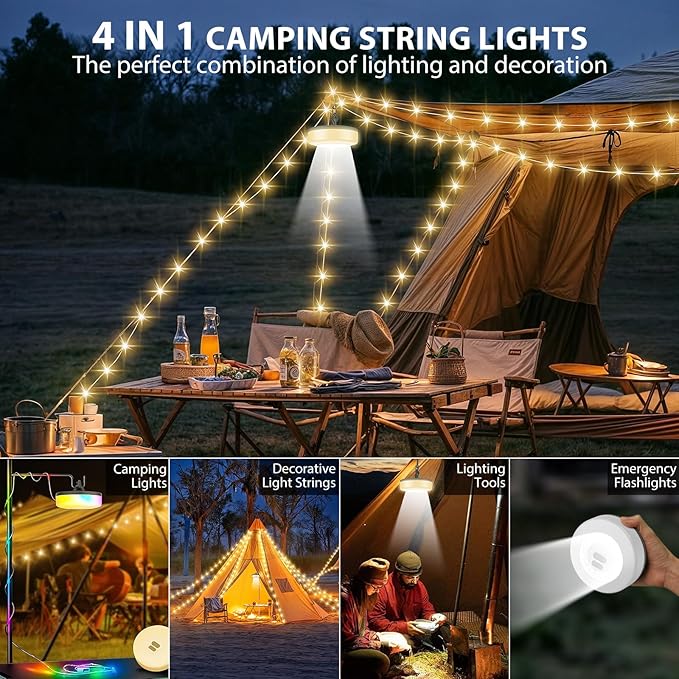 2Pack Camping String Lights, 4 in 1 Quick Storage Camping Essentials Gear 32.8FT Rechargeable Tent Lights with 6 Modes Hanging Waterproof LED Camp Lamp for Camping Hiking Patio Festival- Warm White