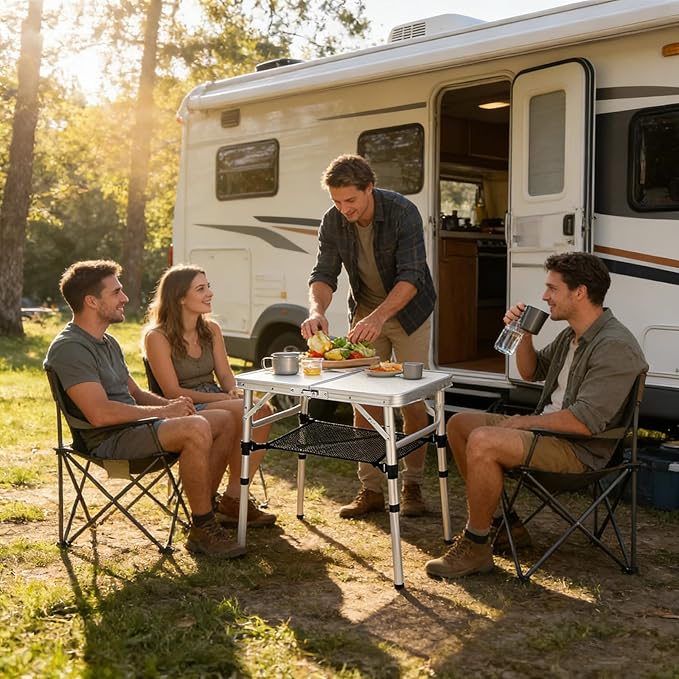 Small Folding Camping Table, 2ft Portable Table with 3 Adjustable Heights, Aluminum Lightweight Foldable Picnic Table with Mesh Layer and Extension Legs for RV, BBQ and Indoor (Silver)