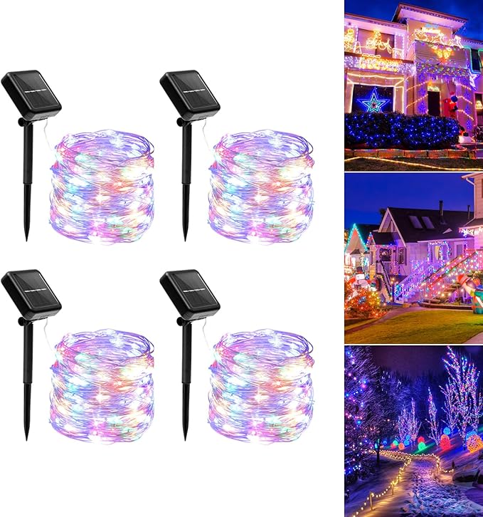 Solar String Lights Outdoor Waterproof, 4x56Ft 600LED 8 Modes Solar Powered Copper Fairy String Deck Twinkle Lights for Outside Christmas Party Yard Camping Holiday Decor 4Pack(Multicolor)