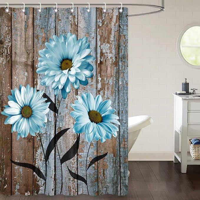 RV Camper Shower Curtain Rustic Farmhouse Floral Shower Curtains for Travel Trailer Bathroom Blue Daisy Flower Decor Fabric Camping Bath Accessories Set with Hooks 47 x 64 Inch