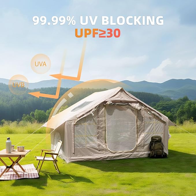 KEIKI Oxford Hot Tent for Camping, 2/3/4/6/8 Person Large Inflatable Tents w/Detachable Canopy, 4 Season Waterproof Tent for Hike Backpacking, Stove Jack AC Port, Mesh Doors Windows, Pump, Easy Setup