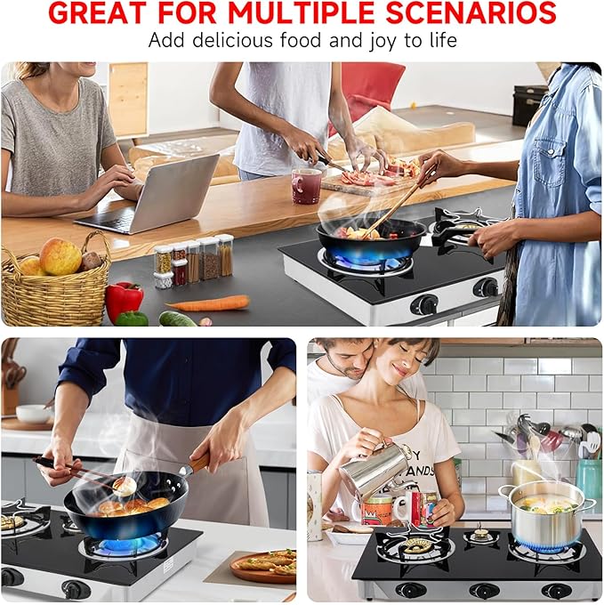 Propane Gas Cooktop,3 Burners Gas Stove portable, 0.28"Tempered Glass, Auto Ignition Camping 3 Burner LPG for RV,Apartments,Outdoor