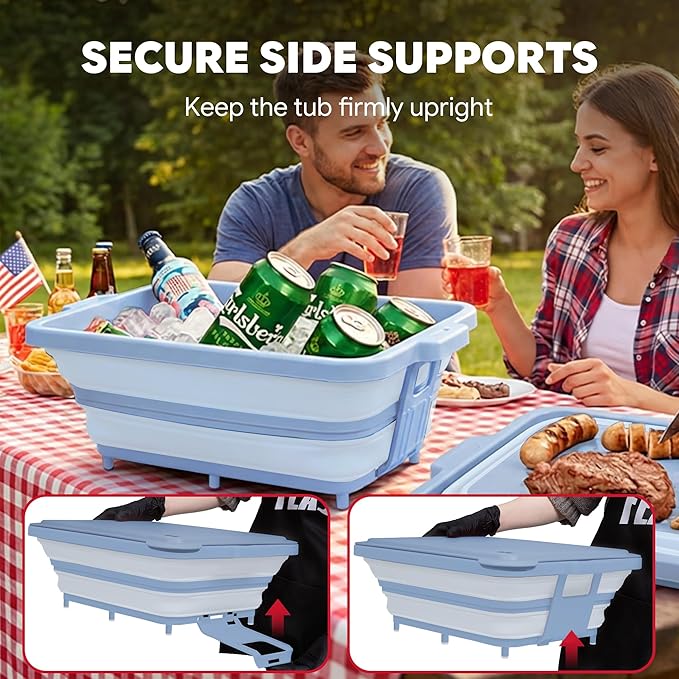 9-IN-1 Collapsible BBQ Prep Tub with Cutting Board, Portable Grill Prep Station with Side Brackets, Lids, Knives, Meat Claws and Drain Rack, Space-Saving for Kitchen, RV, Camping, Blue