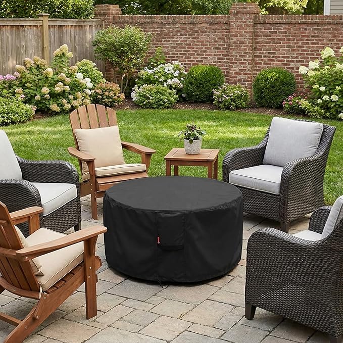 SheeChung Round Gas Fire Pit/Table Cover-Fit 36-40 inch Outdoor Firepit/Bowl,600D Heavy Duty Patio Cover Black,100% Weather Resistant&Waterproof for Backyard,Porch,Deck,Camping,Grill,40”Dia X 22”H