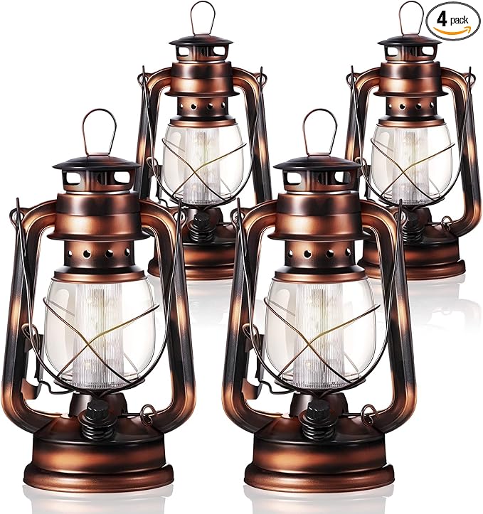 Hortsun 4 Pcs 8 Inch Vintage LED Hurricane Lantern Warm LEDs and Dimmer Switch Battery Operated Farmers Hanging Lantern for Indoor Outdoor Camping Usage Decor