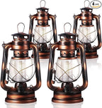 Hortsun 4 Pcs 8 Inch Vintage LED Hurricane Lantern Warm LEDs and Dimmer Switch Battery Operated Farmers Hanging Lantern for Indoor Outdoor Camping Usage Decor