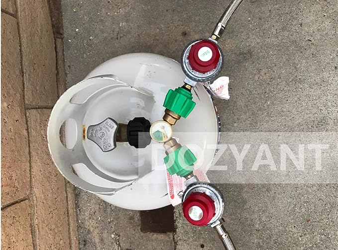 DOZYANT Propane Splitter, Propane Tank Y Splitter Adapter with Gauge, 2 Way LP Gas Adapter Tee Connector for 20lb Propane Tank Cylinder, Work with BBQ Grills, Camping Stoves, Gas Burners, Heater
