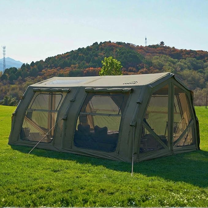 Coody Inflatable Canvas Camping Tents with Stove Jack – Premium Air Beam Family Glamping Tent, Breathable Cotton Canvas, Fast Setup Air Tent with Pump