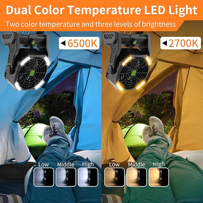 20000mAh Cordless Fan Emergency Portable Rechargeable Fan & Light for Power Outage, Car Defrosting, Indoor - Battery Operated Fan with 270° Pivot, USB, Hook & LED, Portable Camping X26 Black