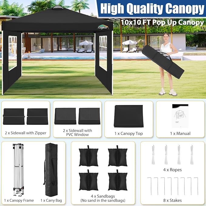 COBlZI 10x10 Pop Up Canopy Tent with 4 Removable Sidewalls, Waterproof Commercial Easy Adjustable Gazebo Tent with Air Vent, 4 Sandbags, 4 Stakes & 8 Ropes（Outdoor Tents for Parties/Exhibition,Black