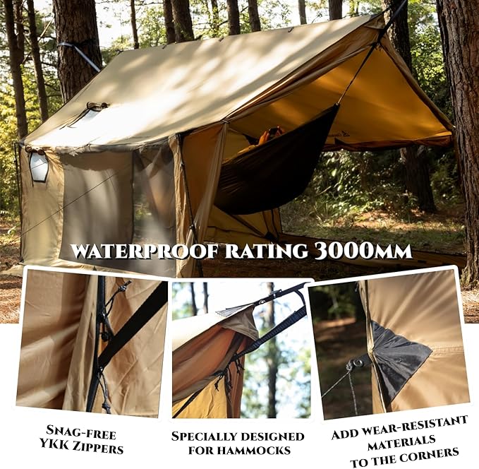 Hammock Hot Tent with Stove Jack and Double-Sided mesh Windows - Spacious, Versatile Wall Tent with Snow Skirt(No Poles)-Waterproof & Windproof, Ideal for Camping, Backpacking, Hiking
