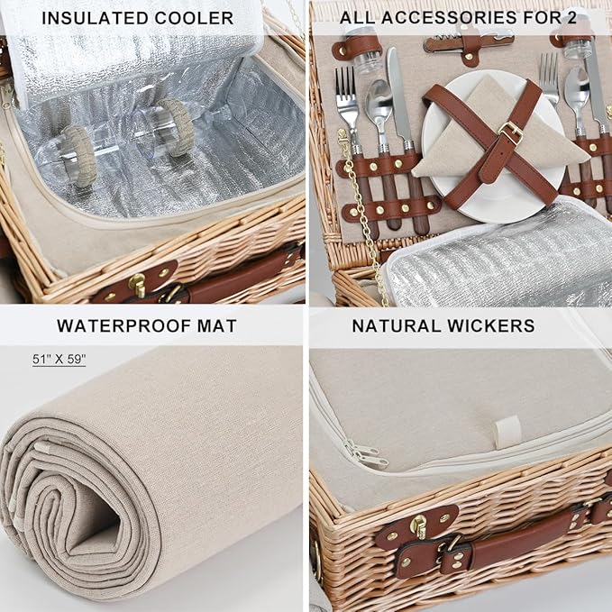 Picnic Basket with Blanket and Wine Pouch for 2, Wicker Picnic Set with Insulated Liner Cooler Bag Hamper for Camping,Wedding - Natural
