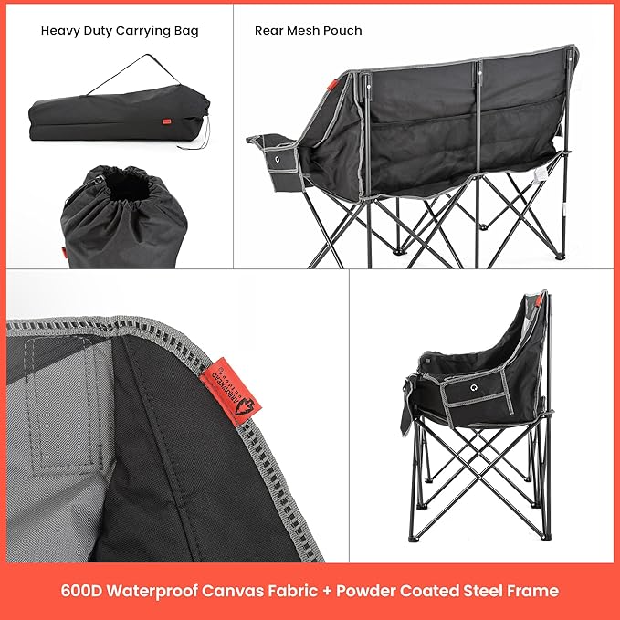 ARROWHEAD OUTDOOR 57" Wide Duo Foldable Heated Camping Loveseat Chair with 3-Stage Heating, Large Cup Holders, Glass Holders, Side Pockets, and Storage Pouches