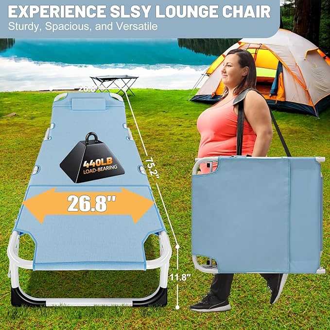 Slsy Face Down Folding Lounge Chairs Outdoor, Adjustable Sleeping Cot Chair, Portable Folding Bed Cot Chaise Lounge Chairs for Outside Beach Lawn Camping Pool Sun Tanning
