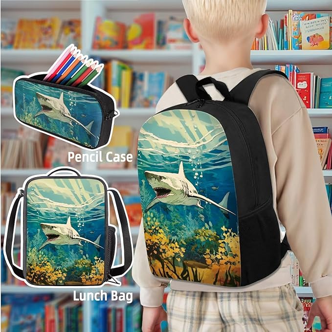 Shark Backpack with Lunch Box Kids Backpack for School Boys 3Pcs Kindergarten Elementary Middle Camping Travel Mochilas Escolares Para Niños with Keychain Wrist Lanyard Back Pack for School
