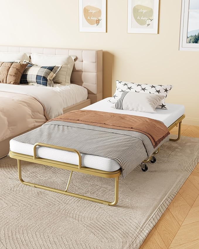 Zenzy Twin Folding Bed with Mattress, CertiPUR-US Certified 4" Mattress Topper & Sturdy Metal Frame, Fold Up Bed for Guest/Bedroom/Office/Camp, 75" x 38", Gold