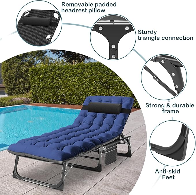 NAIZEA Folding Camping Cot W/Mat for Adults, Adjustable Lounge Chair Outdoor, Heavy Duty Sleeping Cot Bed, Travel Camp Cots for Pool, Beach, Patio Sunbathing