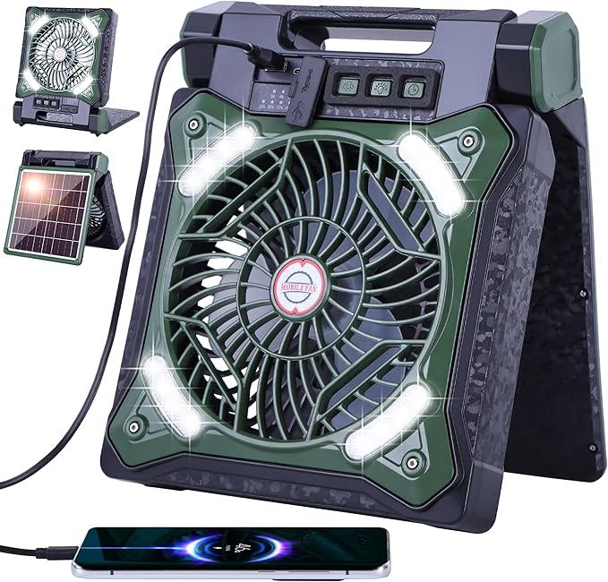 Solar Fan Battery Powered Rechargeable Solar Camping Fan with Led Lantern & Power Bank Foldable Angle USB Personal Fans for Travel Outdoor Camping Tents X98 Green