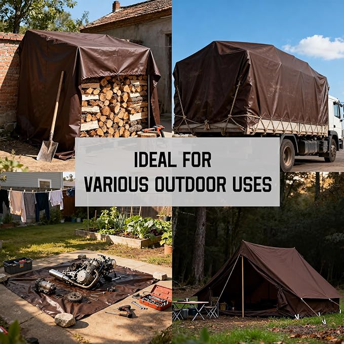 10 x 12 FT Waterproof Heavy Duty Tarp, 10 Mil Thick, Outdoor Furniture Covers, Plastic Insulated Tarpaulin for Camping Tent Roof Boat Patio Pool Cover, Large & Small Multi-Size Tarps, Brown/Black