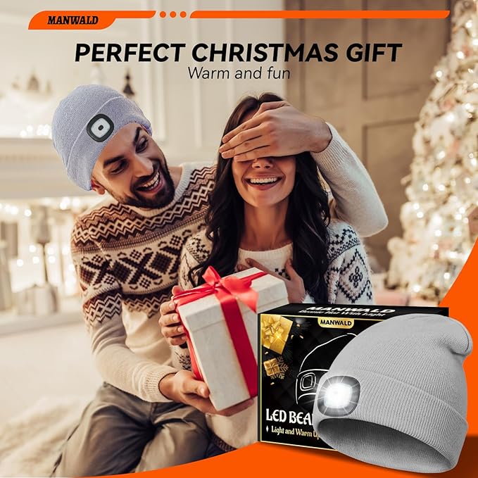 Gifts for Men, LED Beanie Hat with Light,USB Rechargeable LED Headlamp, Mens Gifts, Birthday Gifts for Him Dad Husband, Boyfriends, Grey, 2 Pack