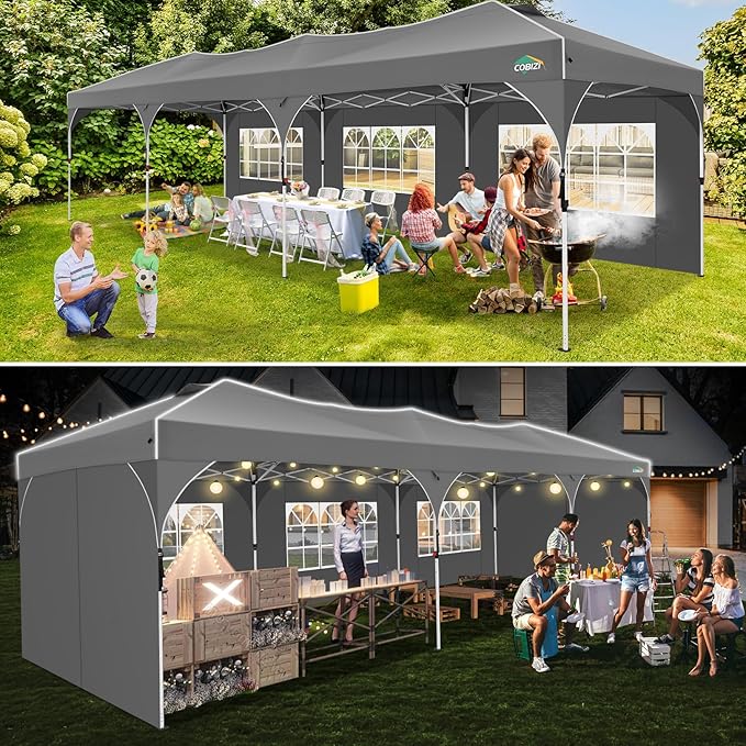 COBIZI 10x30 Pop Up Canopy Tent, Outdoor Party Tent with 5 Sidewalls, 1 Person Easy Set up, Tents for Parties with Fluorescent Strip & 4 Sandbags, Waterproof UPF50+, 3 Adjustable Height, Gray
