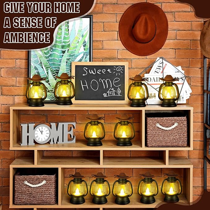 Ferraycle 12 Pcs Mini Cowboy Hats Lantern Decoration Western Cowgirl Lantern with LED Candle Small Brown Hanging Decor Rustic Camping Table Centerpieces for Wedding Birthday Party Supplies