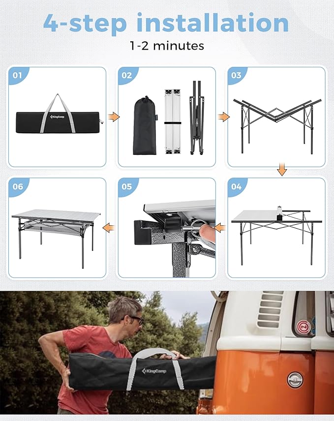 KingCamp Folding Camping Table, Aluminum Roll-Up Camp Table, Large Foldable Table for 4-6 Person, Outdoor Portable Tables with Carry Bag, 180 LBS Heavy Duty Load (Silver+Mesh：53.5" × 27.5")