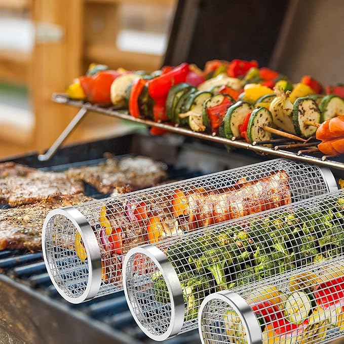 mancola BBQ Net Tube-Rolling Grilling Basket,Rolling Grilling Baskets for Outdoor Grilling,Round Stainless Steel BBQ Grill Mesh, Camping Barbecue Rack for Vegetables, French Fries, Fish