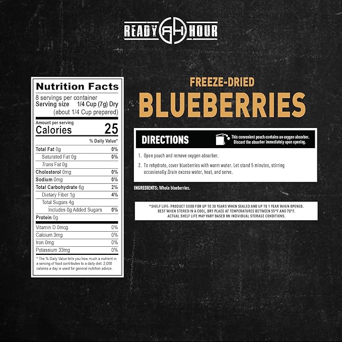 Ready Hour Freeze-Dried Blueberries Case Pack – 32 Servings (4 Pouches) – Shelf-Stable Fruit, Emergency Food Supply, Long-Term Food Storage, Shelf Stable Fruit