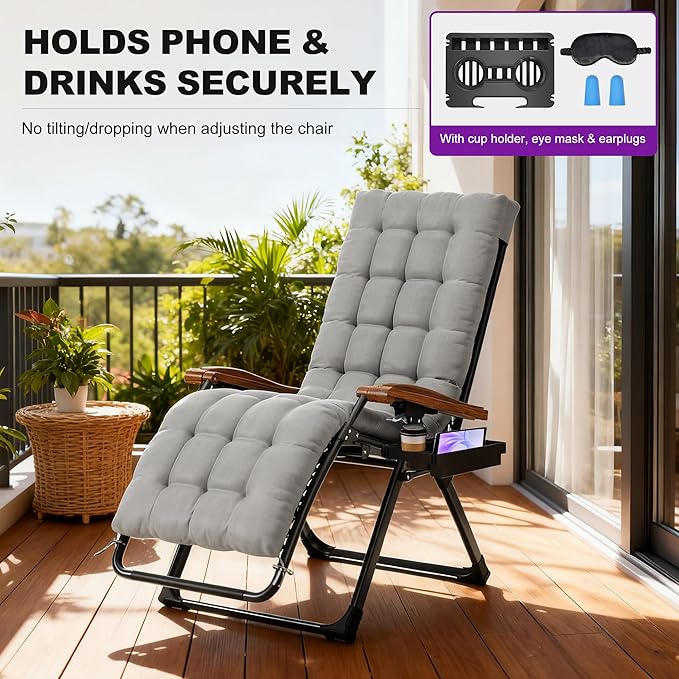 PURPLE LEAF Extra Wide Outdoor Reclining Chair Patio Zero Gravity Chaise Lounge Folding Chair with Removable Cushion Adjustable Headrest for Lawn Camping Beach Pool Grey
