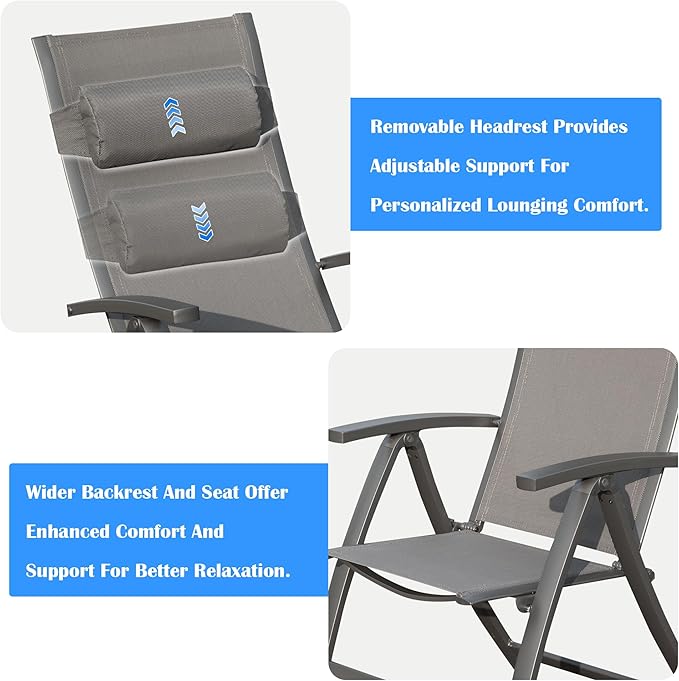 Domi Patio Folding Chairs Set of 2, Outdoor Reclining Chairs Set with Moveable Headrest, Aluminum Frame Outdoor Patio Portable Chairs with Adjustable High Backrest and Textilene Fabric Seat