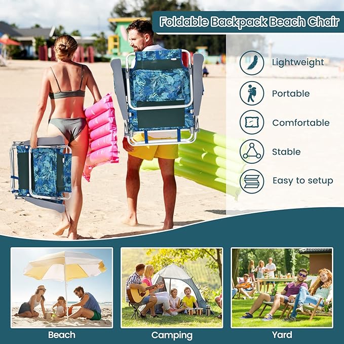 Tangkula Set of 2 Backpack Beach Chair, 5-Position Lay Flat Beach Chairs with Cooler Bag, 2 Cup Holders, Towel Bar, Lightweight Folding Beach Chair with Backpack Straps