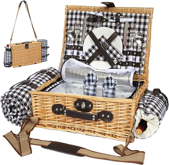 Picnic Basket for 2 with Blanket, Willow Picnic Basket Set with Shoulder Strap&Wine Pouch, Large Willow Hamper with Insulated Cooler for Outdoor, Camping, Beach, Couples, Wedding Gift