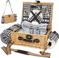 Picnic Basket for 2 with Blanket, Willow Picnic Basket Set with Shoulder Strap&Wine Pouch, Large Willow Hamper with Insulated Cooler for Outdoor, Camping, Beach, Couples, Wedding Gift